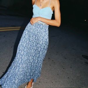 NWT ZARA High Waisted Floral Print Blue Midi Skirt